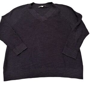 Loft Ribbed V-Neck Relaxed Fit Pullover Long Sleeve Sweater Navy, size S